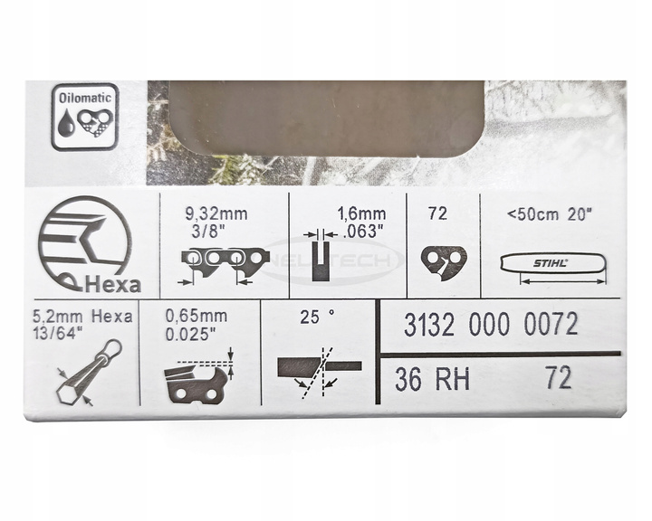 ŁAŃCUCH DO PIŁY PILARKI STIHL 3/8 1,6mm 72ogniw 50cm HEXA (RH) ORYGINAŁ